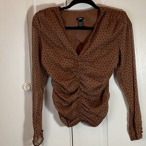 Express Brown Polka Dot Ruched V-Neck Blouse